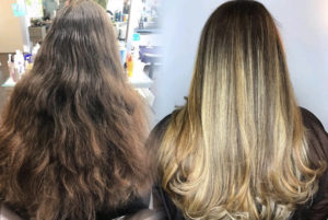 Salon Sora client's before and after women's haircut and color