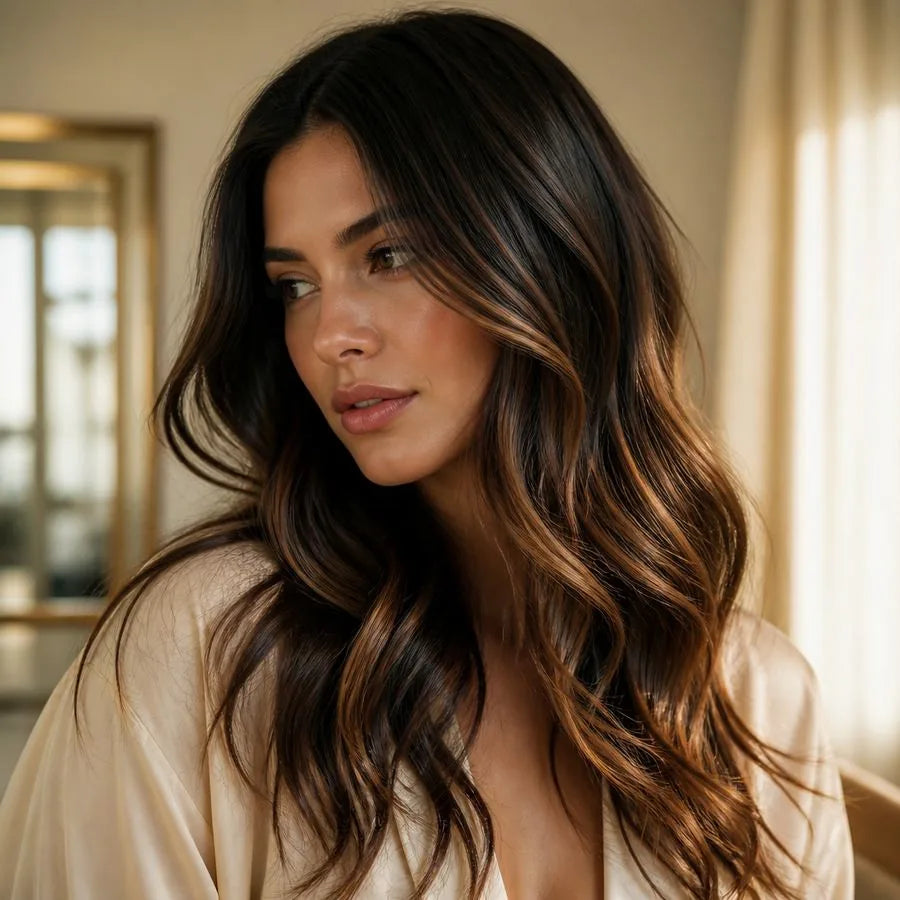 Model with soft, hand-painted balayage waves – illustrating “Can I get balayage on dark hair without bleaching?”