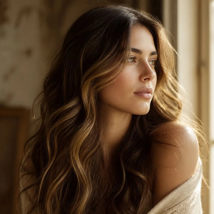 Model with soft, hand-painted balayage waves – illustrating “Is balayage damaging to your hair?”