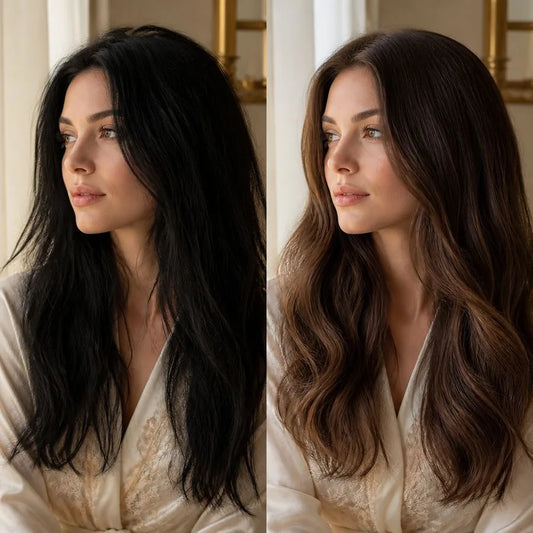 Colorist mixing hair color for a color correction – illustrating “Is it safe to go from black back to natural color?”