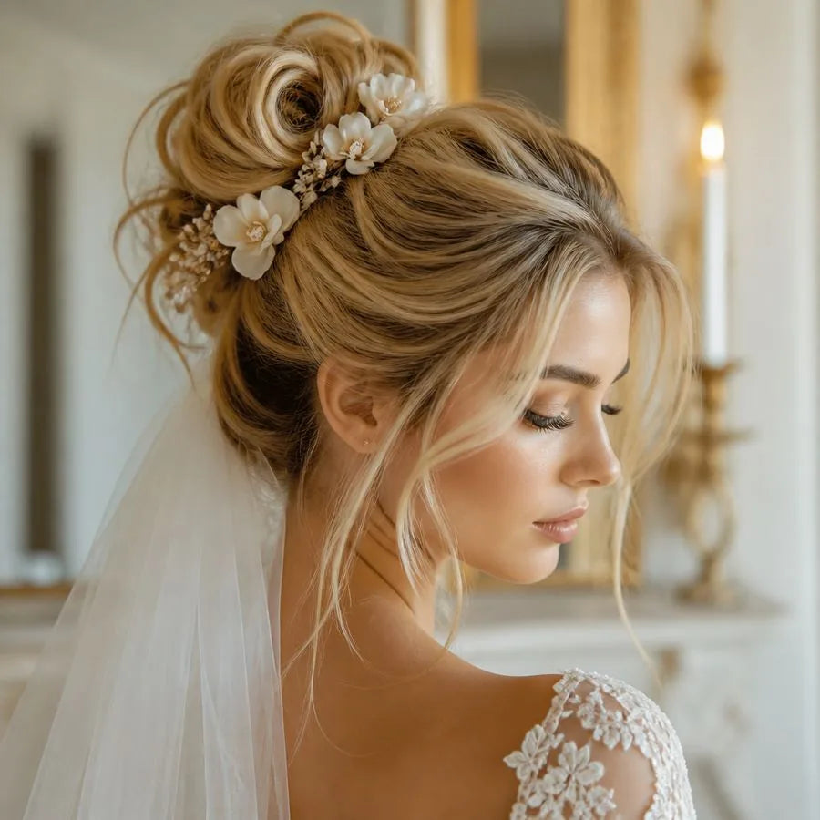 Bridal updo with hair accessories – illustrating “What is the average cost of bridal hair in Boca Raton?”