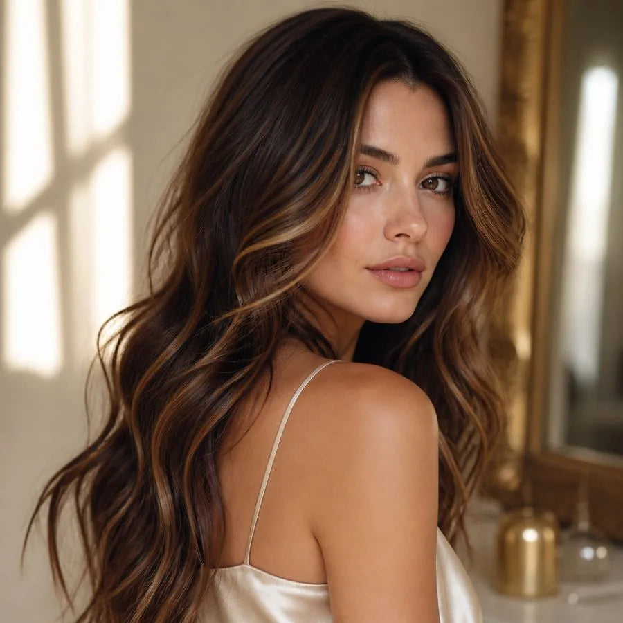 Model with glossy, dimensional brunette hair – illustrating “What is the best gloss for brunette hair?”