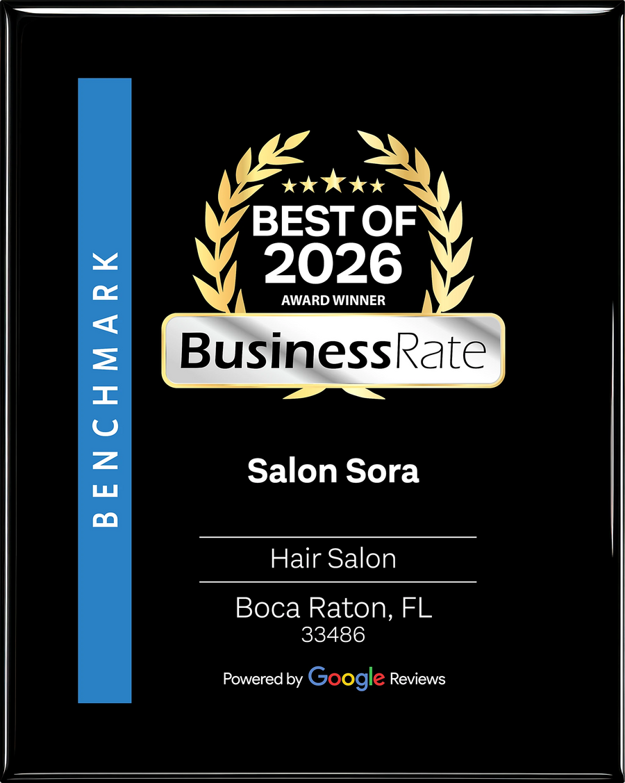 BusinessRate Best of 2026 Award Winner plaque: Salon Sora, Hair Salon, Boca Raton, FL 33486, Powered by Google Reviews